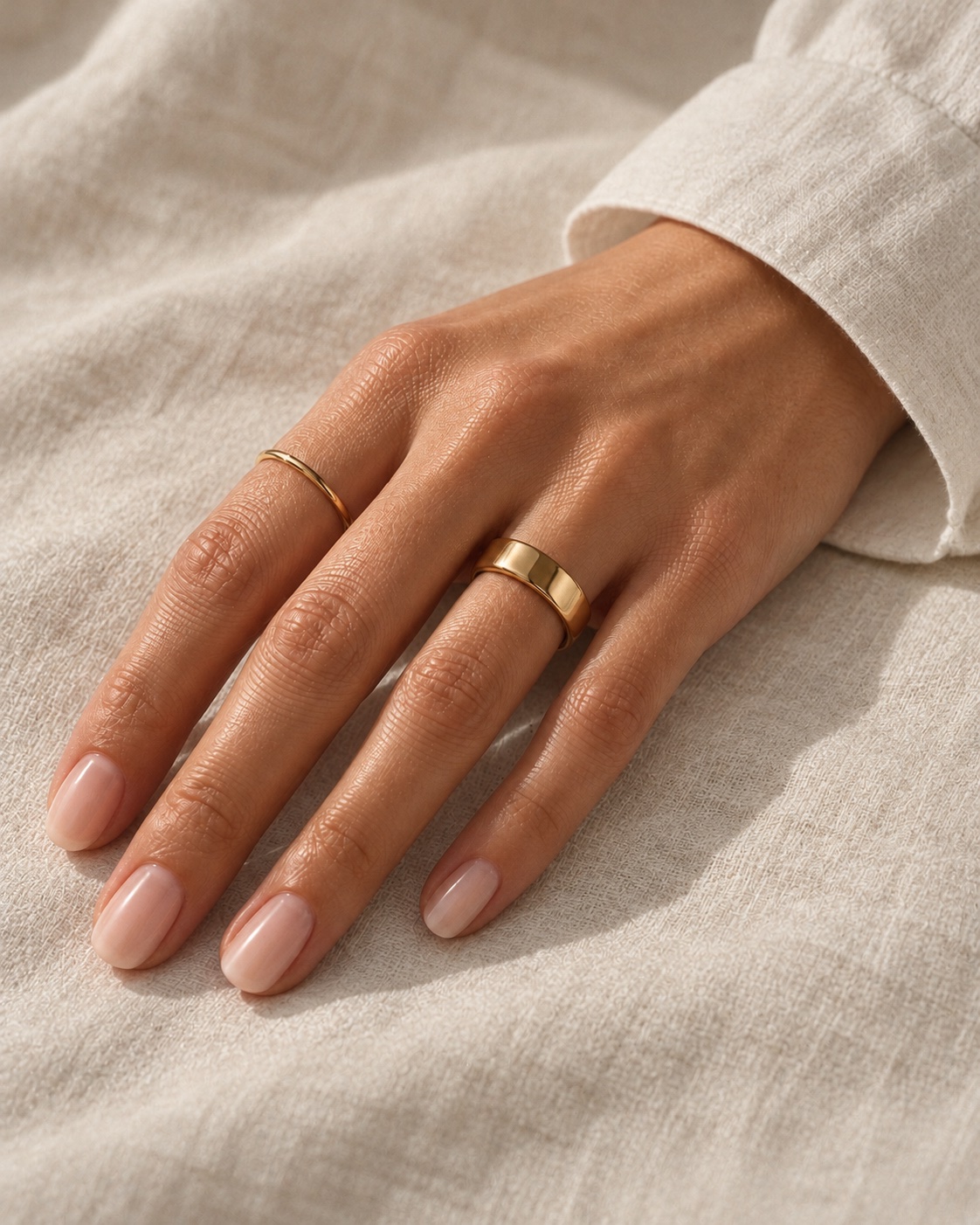 Concept of a slim gold ring jacket worn beside a fine gold band, on ivory linen.